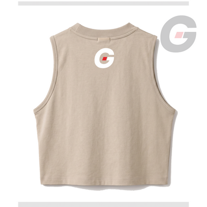 God On Every Side | Beige crop tank top with a white GOES isotype logo printed on the upper back
