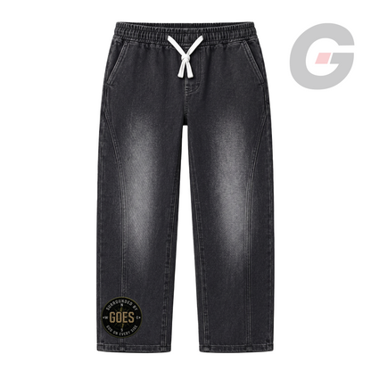 Washed denim pant with elastic waistband, GOES compass embroidered patch. Faith driven streetwear by God On Every Side.