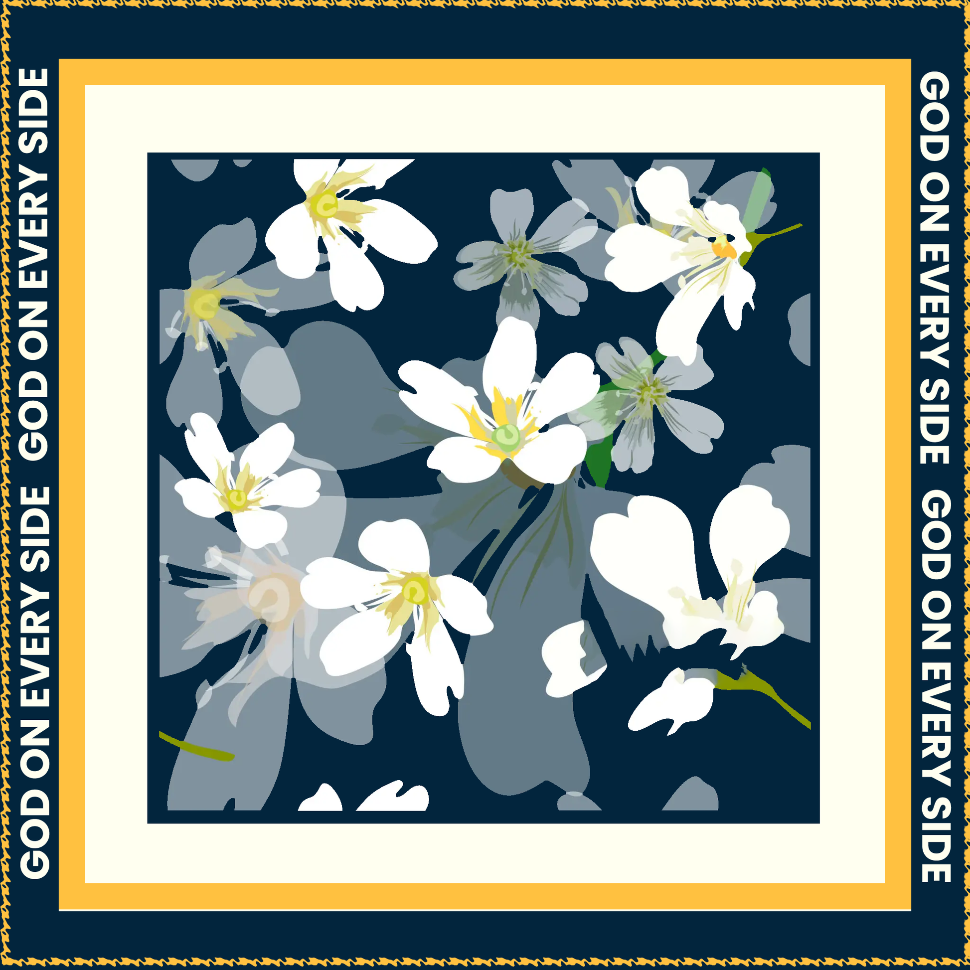 The GOES Floral Scarf features a painterly floral print with a 'God On Every Side' text border.
