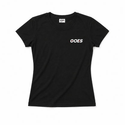 Black Slim-fit ladies tee with GOES logo. Soft, breathable fabric. Faith-driven clothing brand by God On Every Side.
