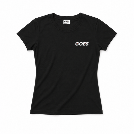 Black Slim-fit ladies tee with GOES logo. Soft, breathable fabric. Faith-driven clothing brand by God On Every Side.