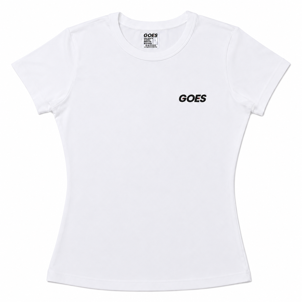 White Slim-fit ladies tee with GOES logo. Soft, breathable fabric. Faith-driven clothing brand by God On Every Side.