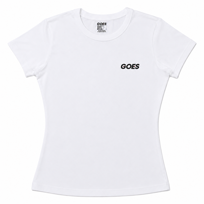 White Slim-fit ladies tee with GOES logo. Soft, breathable fabric. Faith-driven clothing brand by God On Every Side.