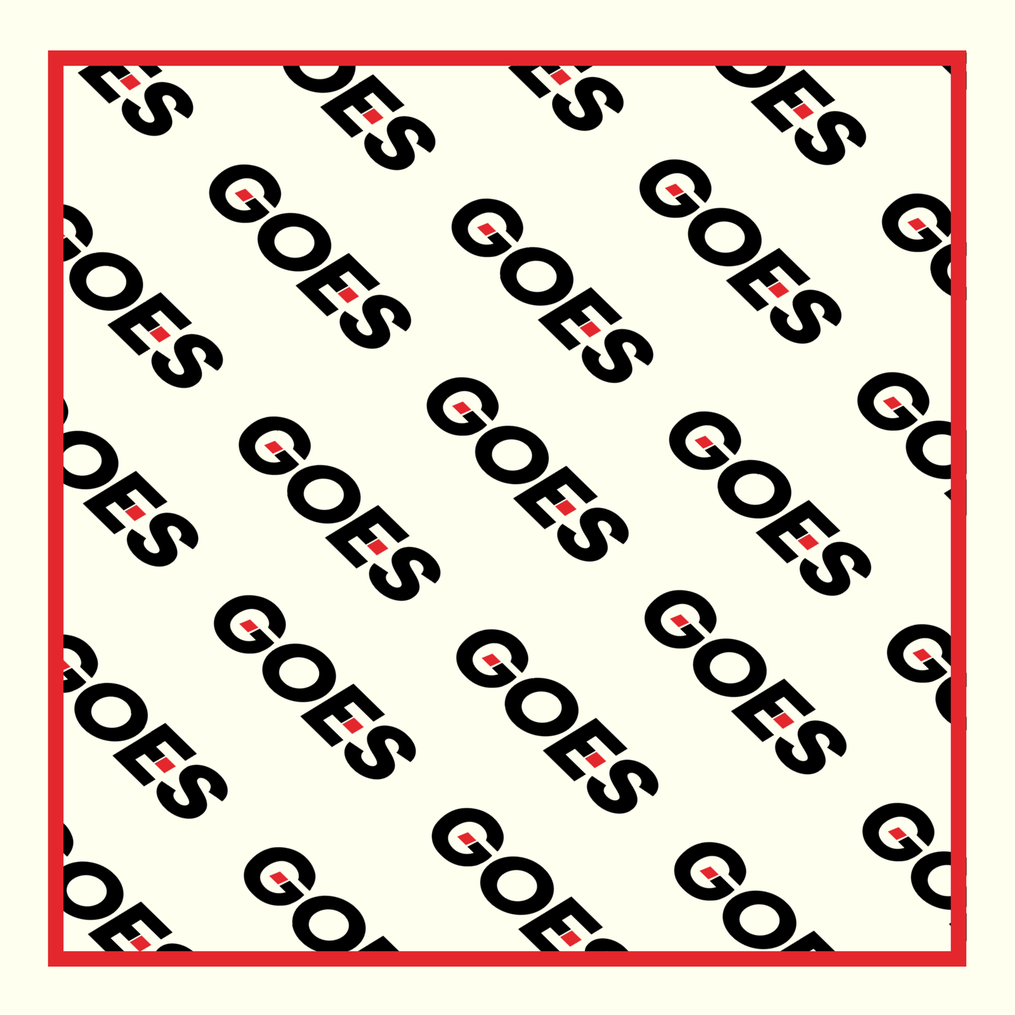 The GOES Signal Scarf features an all-over logo repeat print on an ivory base with a bold red border. Faith-driven streetwear accessories by God On Every Side.