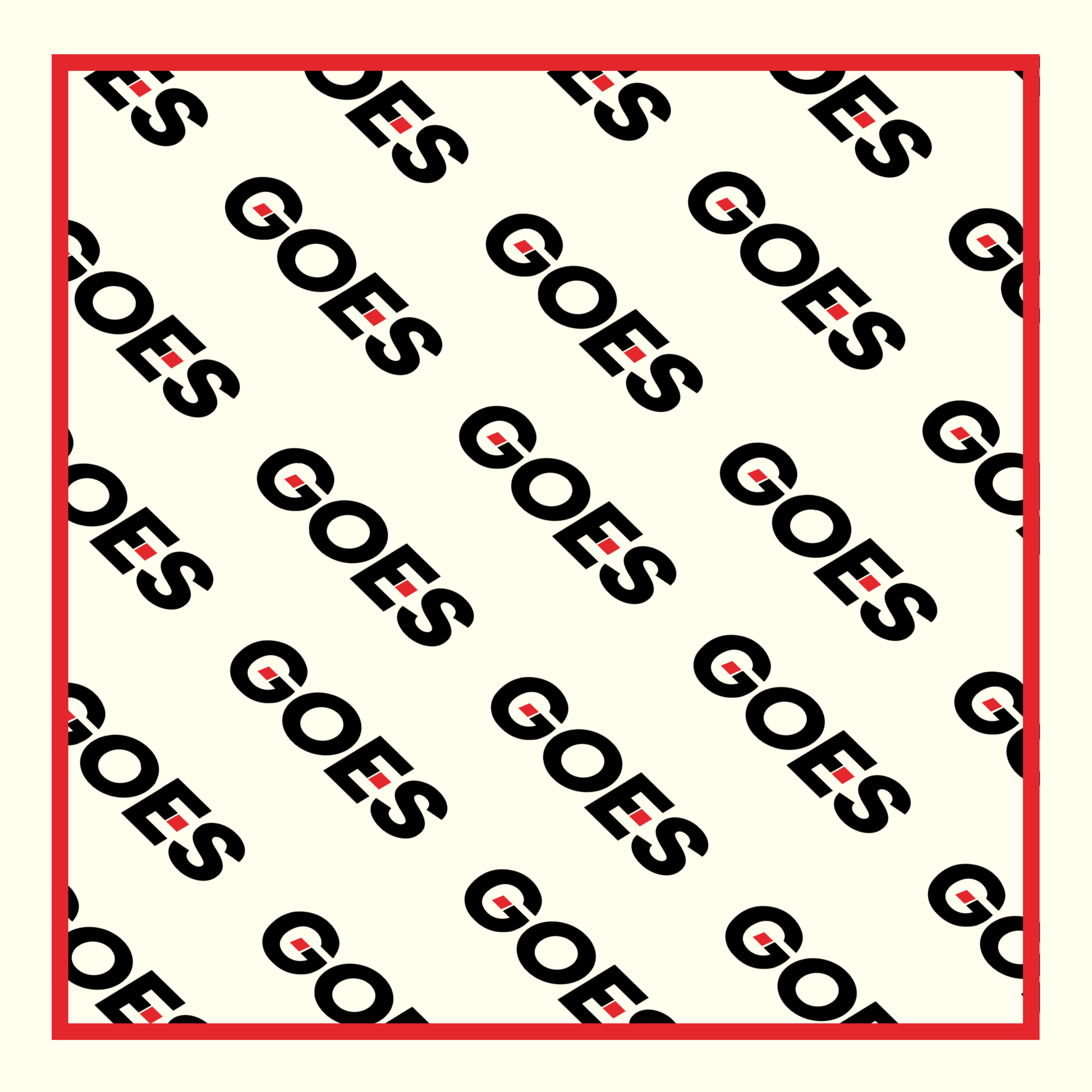 The GOES Signal Scarf features an all-over logo repeat print on an ivory base with a bold red border. Faith-driven streetwear accessories by God On Every Side.