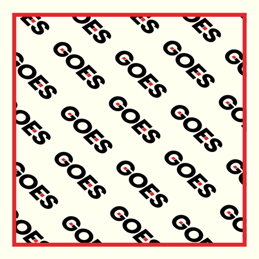 The GOES Signal Scarf features an all-over logo repeat print on an ivory base with a bold red border. Faith-driven streetwear accessories by God On Every Side.
