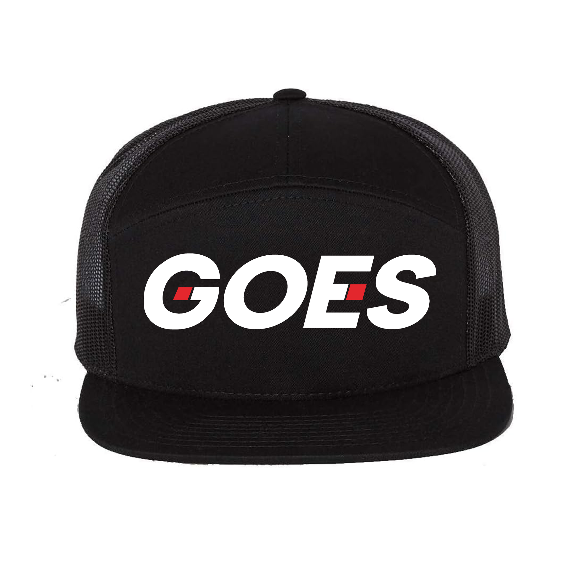 Classic flat brim snapback with embroidered GOES logo, mesh back panels and adjustable closure. One size. Faith streetwear by GOES.