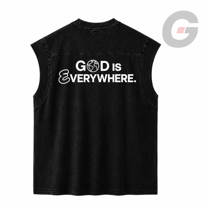 Stone-washed Black sleeveless shirt with a white 'God is Everywhere' graphic by God On Every Side