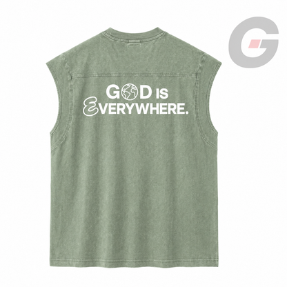 Sage Green sleeveless shirt with 'GOD is EVERYWHERE.' white print by God On Every Side