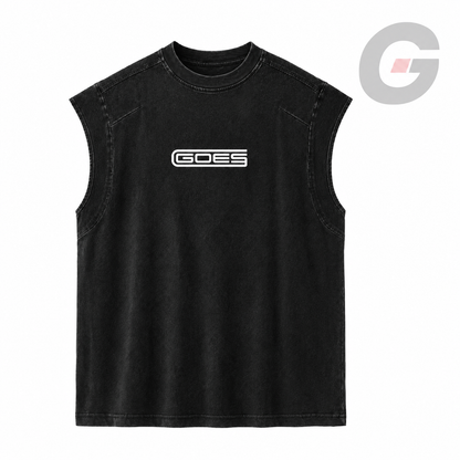 Stonewashed Black sleeveless shirt with a white 'GOES' graphic by God On Every Side