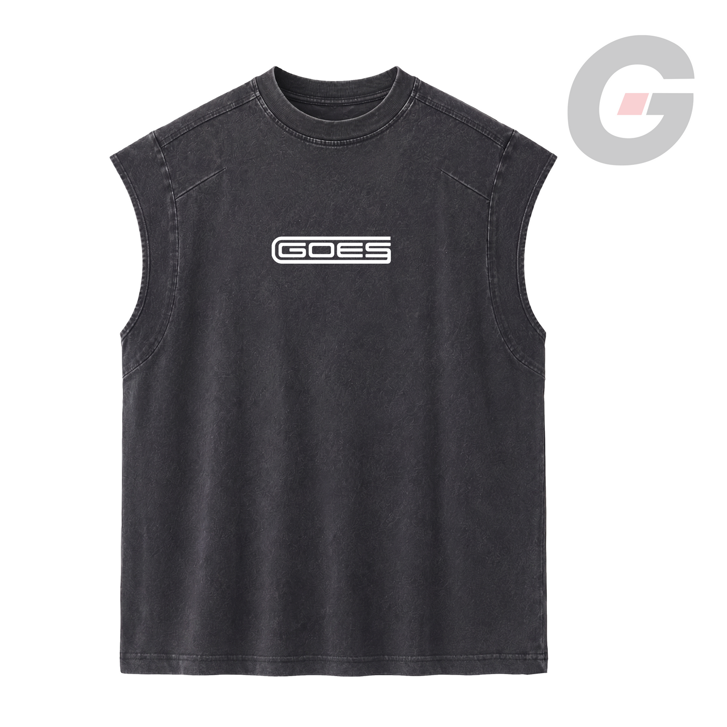 Stone-washed sleeveless tee with a white GOES chest graphic. Faith driven streetwear by God On Every Side. 