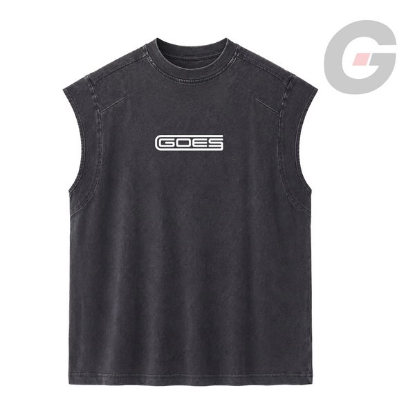 Stone-washed sleeveless tee with a white GOES chest graphic. Faith driven streetwear by God On Every Side. 