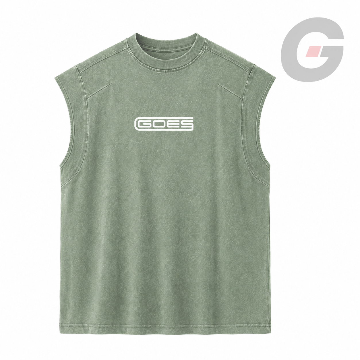 Stone-washed sleeveless tee with a white GOES chest graphic. Faith driven streetwear by God On Every Side. 