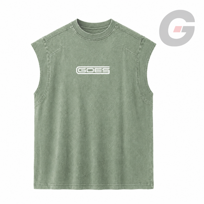 Stone-washed sleeveless tee with a white GOES chest graphic. Faith driven streetwear by God On Every Side. 