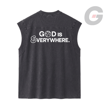 Stone-washed Black sleeveless shirt with a white 'God is Everywhere' graphic by God On Every Side