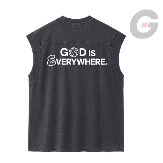 Stone-washed Black sleeveless shirt with a white 'God is Everywhere' graphic by God On Every Side