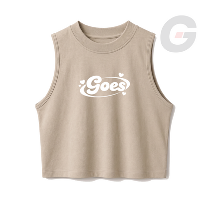 God On Every Side | Beige crop tank top with a white "GOES" print on the front.