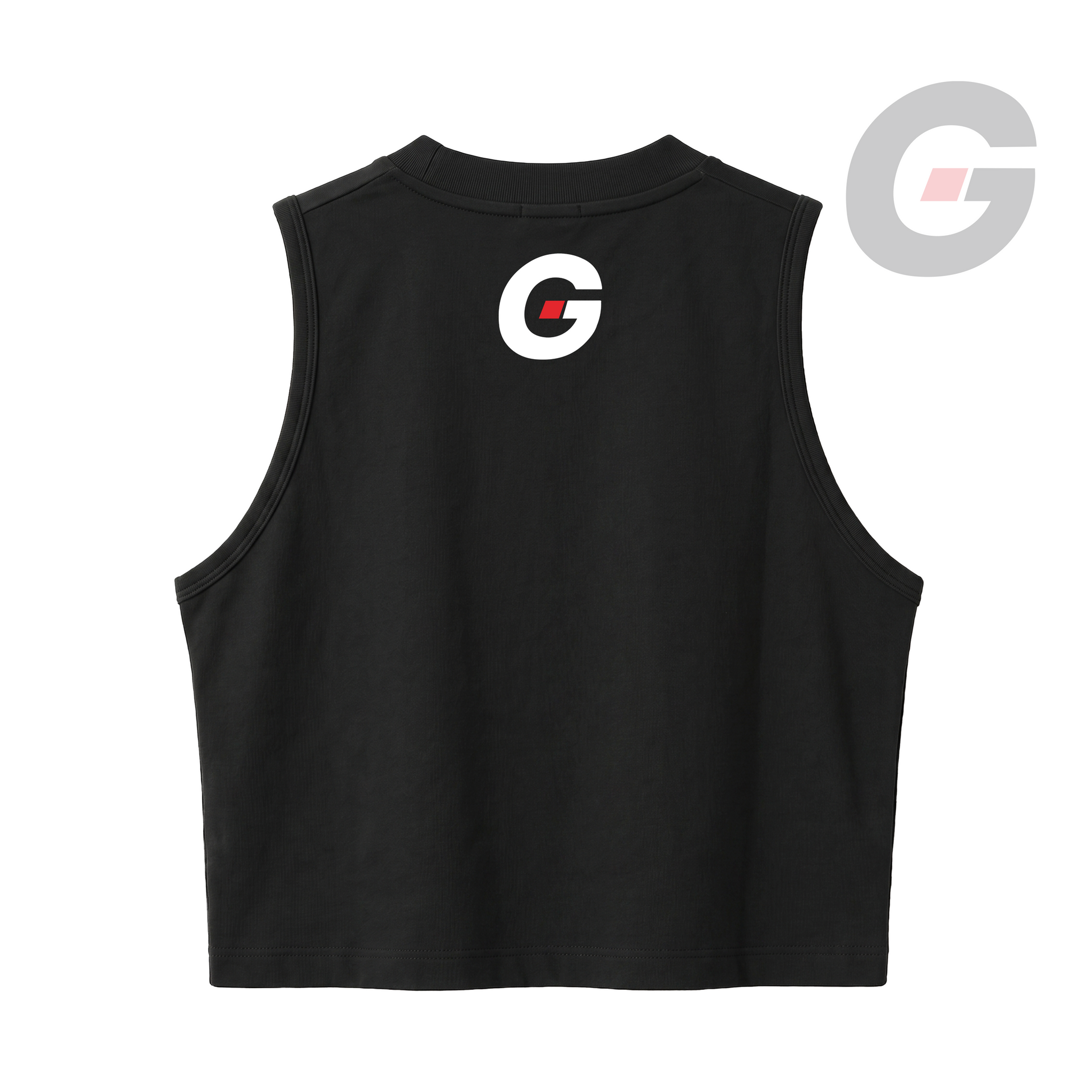 God On Every Side | Black crop tank top with a white GOES isotype logo printed on the upper back
