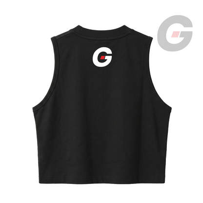 God On Every Side | Black crop tank top with a white GOES isotype logo printed on the upper back