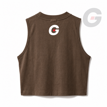 God On Every Side | Brown crop tank top with a white GOES isotype logo printed on the upper back