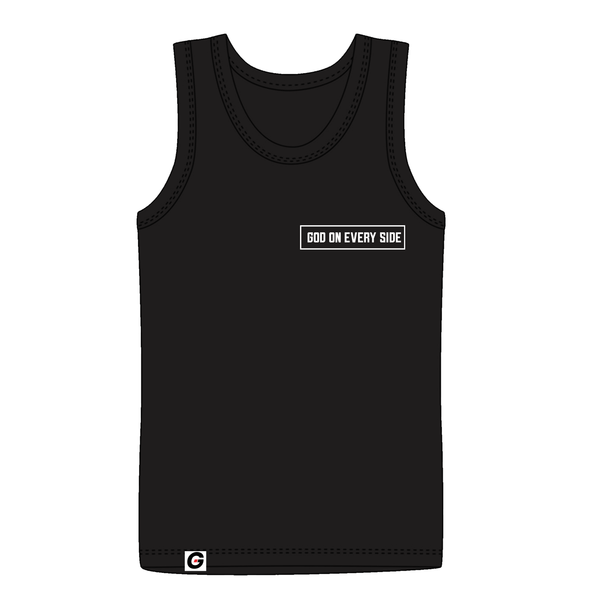 God On Every Side | Black tank top with a white 'God on Every Side' print on the left chest