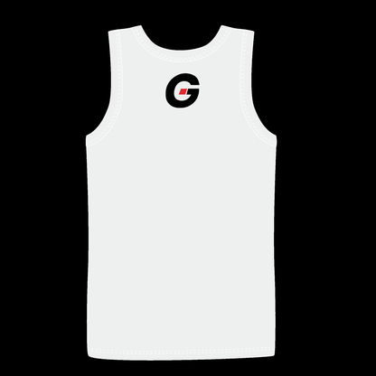 God On Every Side | White tank top with a black GOES isotype logo print on the back 
