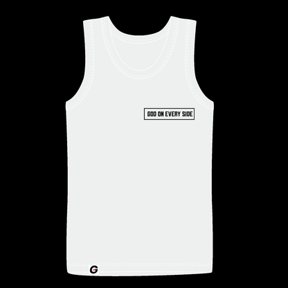 God On Every Side | White tank top with a black 'God on Every Side' print on the left chest