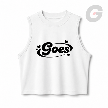 God On Every Side | White crop tank top with a black "GOES" print on the front.